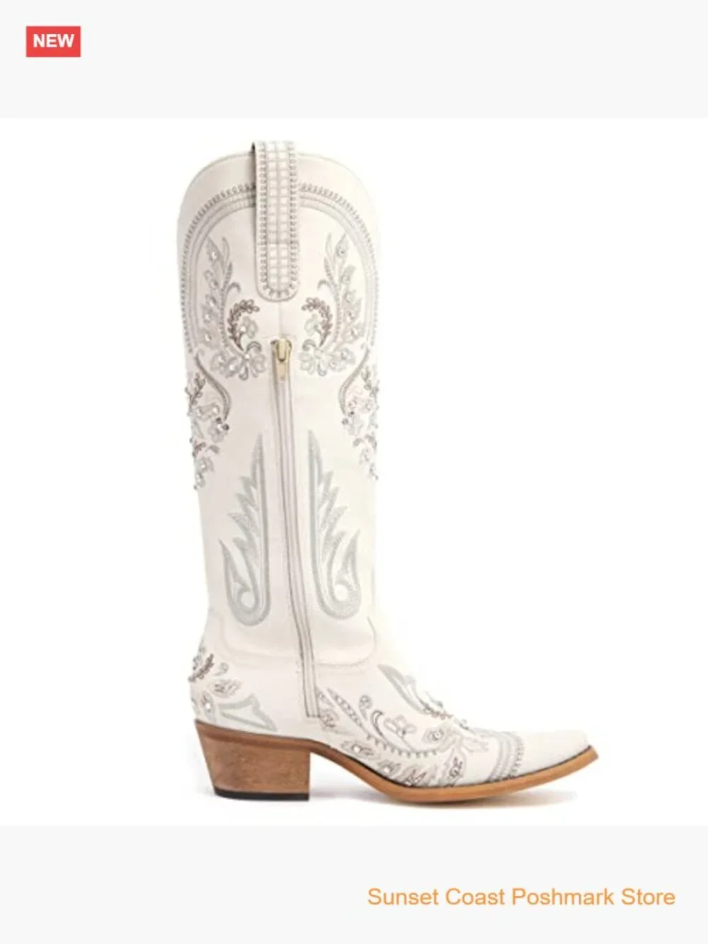 Embroidered Rhinestone Cowboy Boots Knee High Cowgirl Pointed Toe Chunky Heel - Picture 3 of 7
